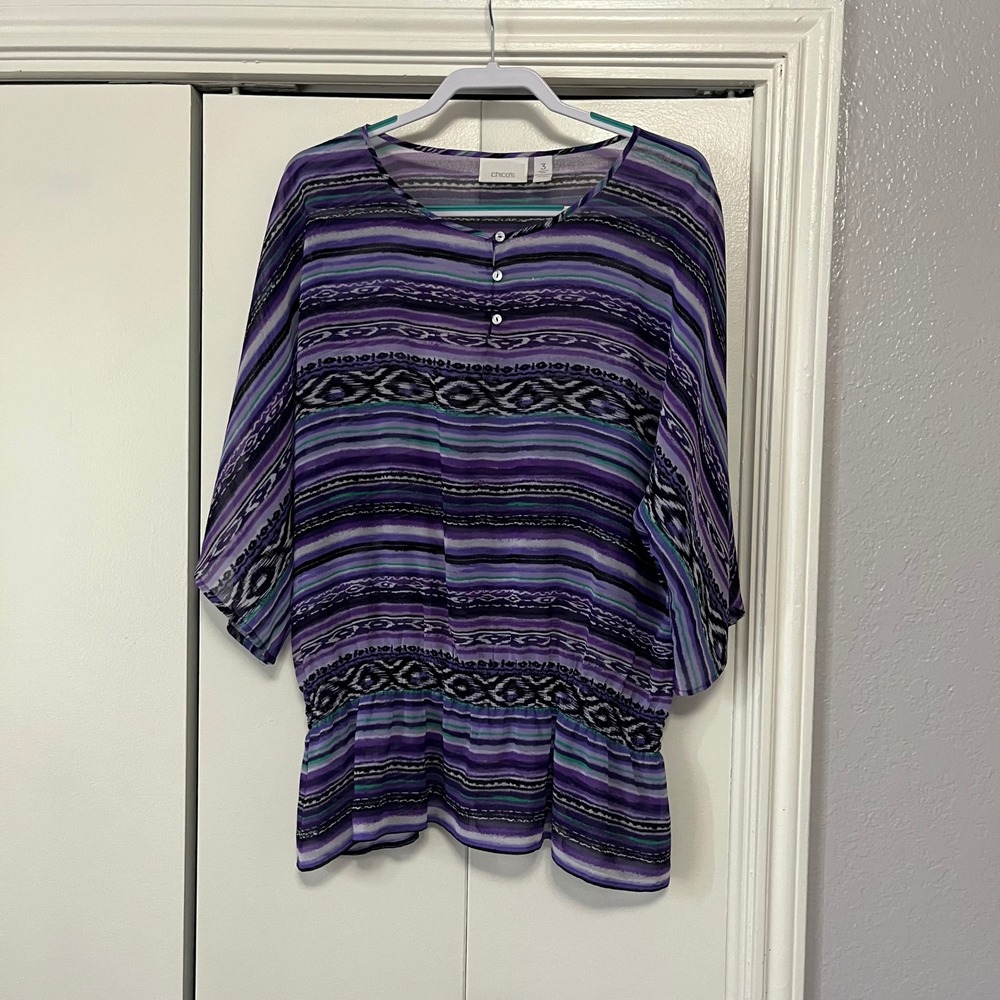 Chicos Womens Tunic Top Geometric Print Purple Blue 3/4‎ Sleeve Blouse